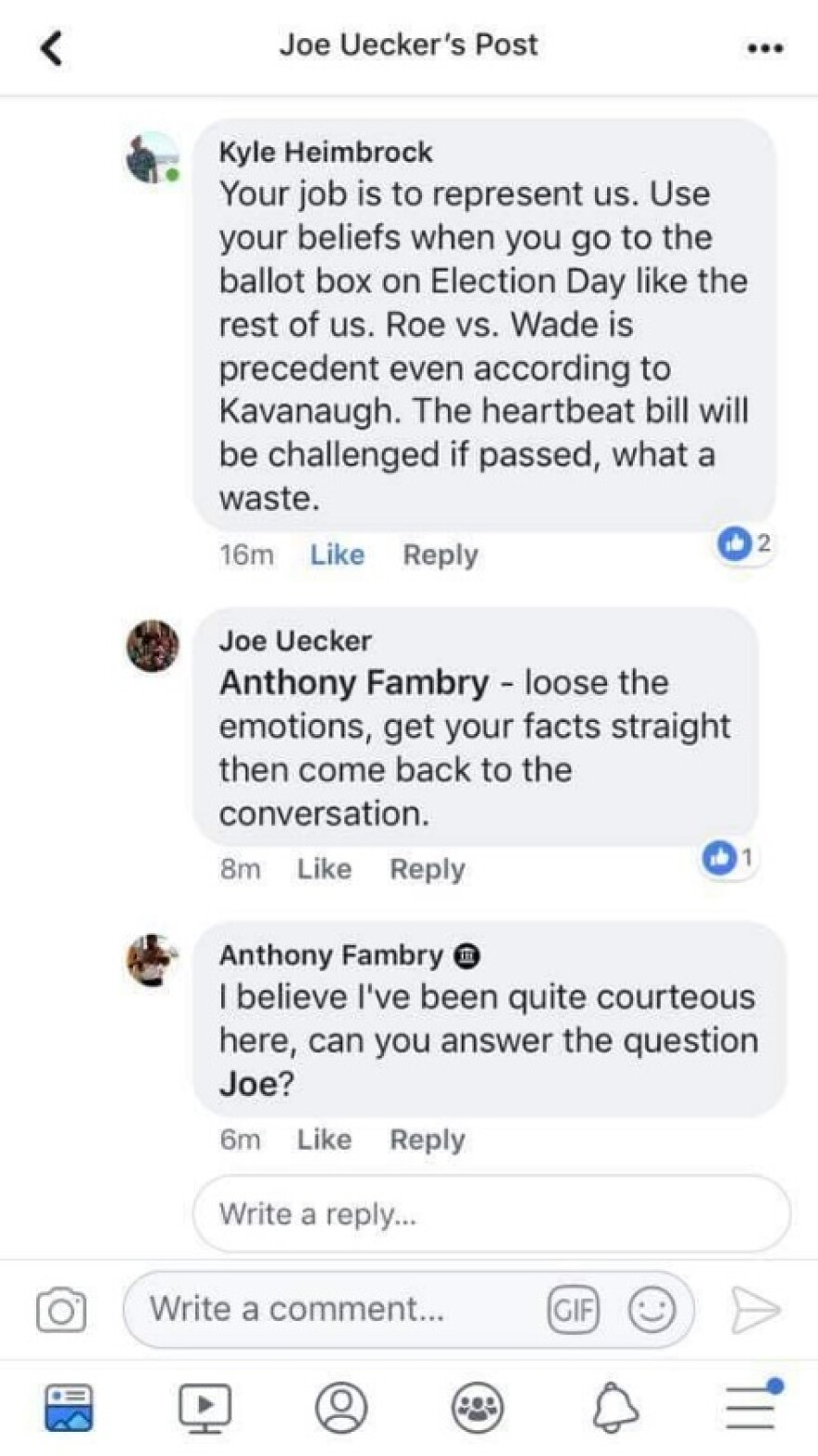 A second screenshot of the debate between Sen. Joe Uecker (R-Miami Township) and constituent Anthony Fambry on Uecker's professional Facebook page.