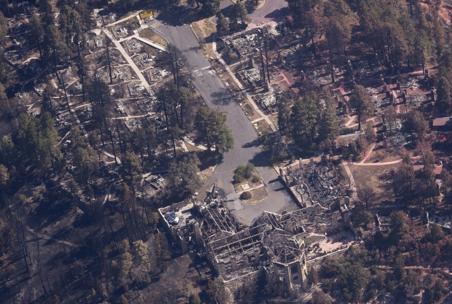 A view of the remains of the Grand Canyon Lodge during Arizona Gov. Katie Hobbs' aerial tour of the wildfire damage along the canyon's North Rim, Ariz., Saturday, July 19, 2025. (Joe Rondone/The Arizona Republic via AP, Pool)