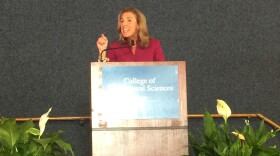 Democratic candidate for U.S. Senate Katie McGinty addresses the crowd at Penn State's Ag Progress Days on August 17, 2016. 