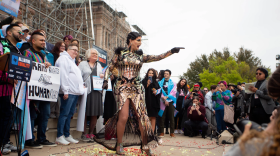Cynthia Lee Fontaine performs in front of the crowd outside the Texas Capitol on Monday to protest anti-LGBTQ legislation.
