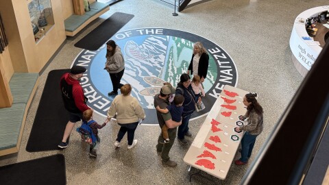 Students check in at Tułen Charter School on Wednesday, Aug. 20, 2025 in Kenai, Alaska.