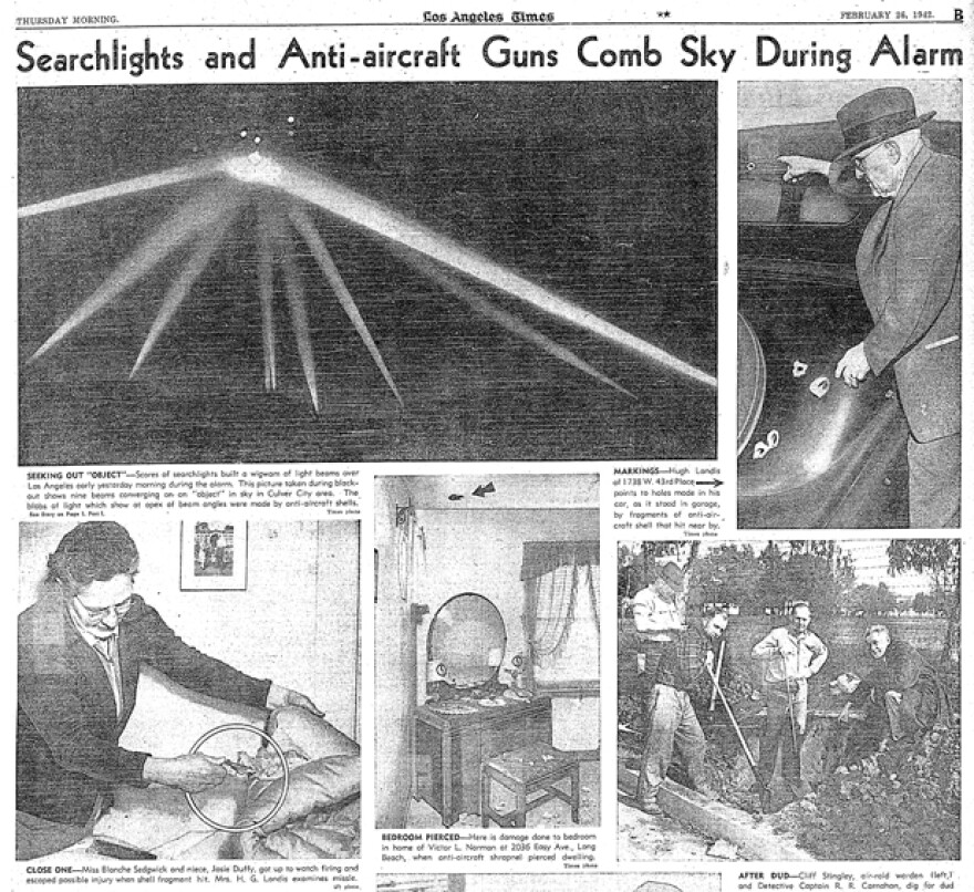 Page B of the February 26, 1942, Los Angeles Times showing the coverage of the so-called Battle of Los Angeles and its aftermath.