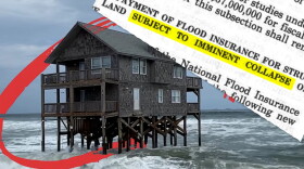 A multi-story wooden beach house on stilts surrounded by ocean waves, overlaid with a document snippet reading "LAND SUBJECT TO IMMINENT COLLAPSE" highlighted in yellow.
