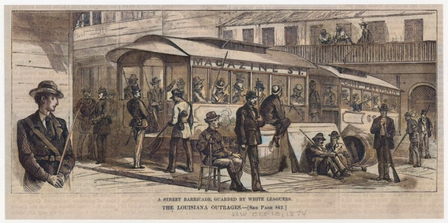 "The Louisiana outrages : A street barricade, guarded by white leaguers" 1874