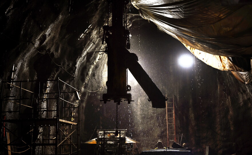 This is the delivery pipe for cement and grout over the locomotive tracks more than 100 feet down in the launch shaft at the MDC tunnel project, a 4-mile tunnel being dug under Hartford and West Hartford to manage stormwater. The photo was taken on July 29, 2021.