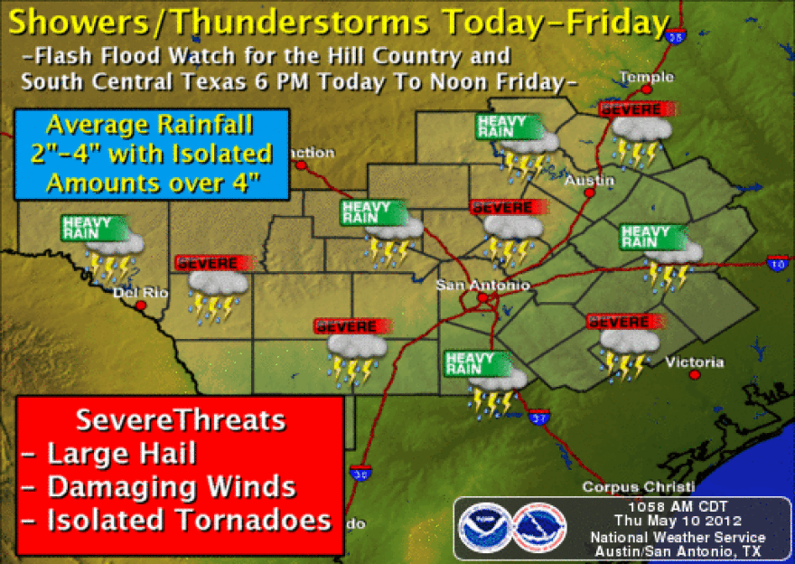 A flash flood watch is expected at 6 p.m. for Central Texas.