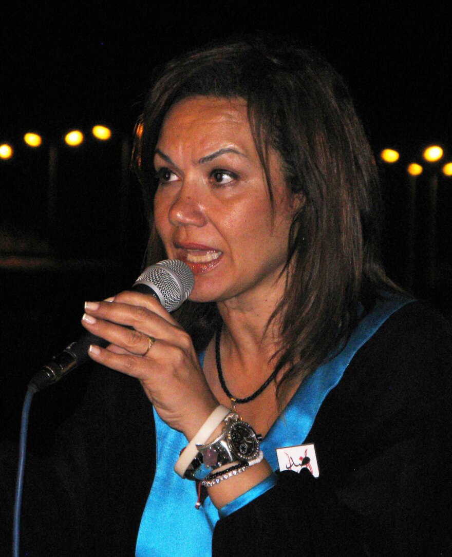 Buthanya Kamel, the first female presidential candidate in Egypt, speaks at a campaign event at the main library in Luxor about the struggles of young people in the revolution.