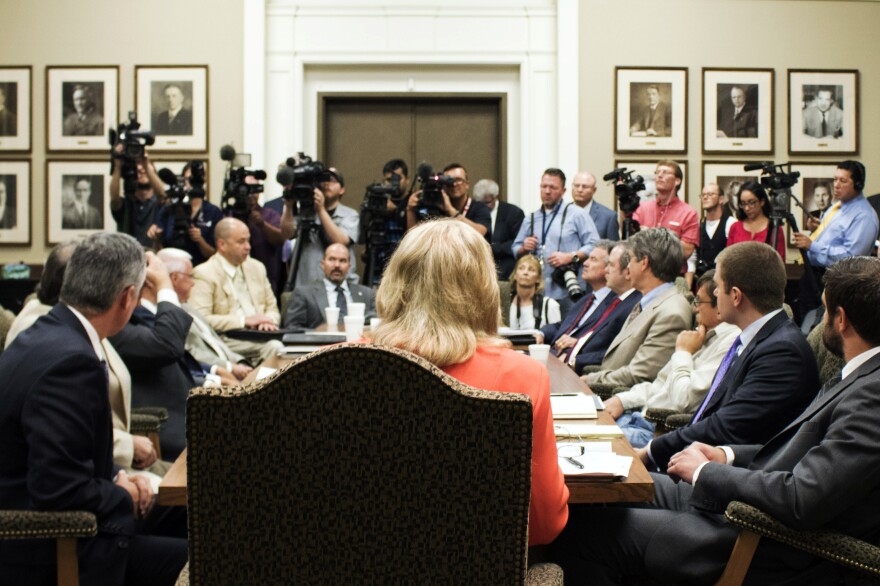 Oklahoma Gov. Mary Fallin answers media questions at the state Capitol in August after meeting with a council she formed to organize state resources related to the surge of earthquakes.