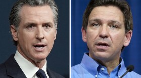 FILE - This combination of photos shows California Gov. Gavin Newsom speaking in Sacramento, Calif., on June 24, 2022, left, and Florida Gov. Ron DeSantis speaking in Sioux Center, Iowa, May 13, 2023, right.