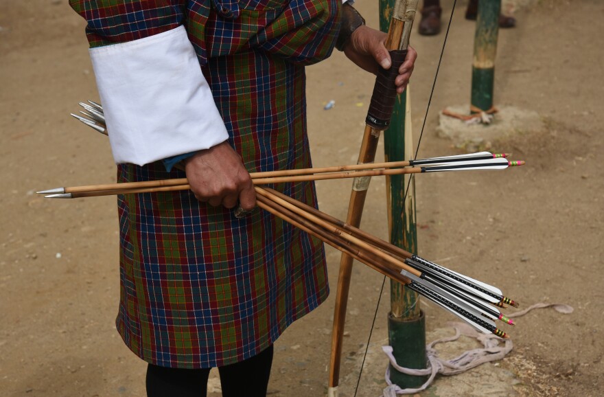 The arrows used in Bhutanese archery, like the bows, are made of bamboo. Archers says the basic equipment makes the game far more challenging than if they used sophisticated composite fiber-glass bows, which are noted for precision in hitting the target.