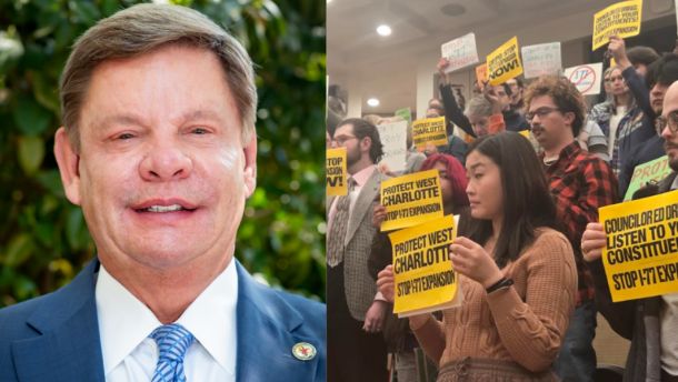 DOT member Stephen Rosenburgh, left, and toll lane opponents.