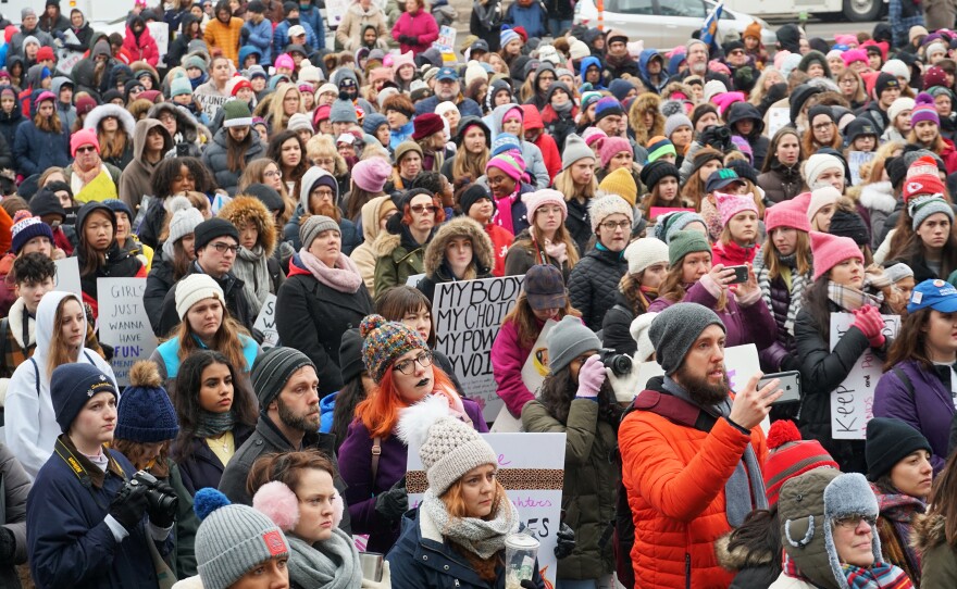 St. Louis Women's March participants gather in Aloe Plaza, across from Union Station in downtown St. Louis on January 19, 2019.