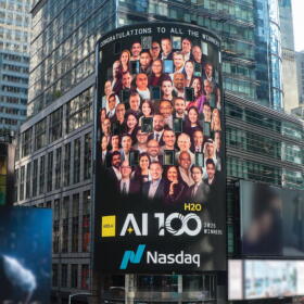 Winners of the H2O AI 100 Awards are featured on the Nasdaq MarketSite tower in Times Square, New York. The annual program recognizes leaders driving real-world impact with artificial intelligence across enterprise, government, research, and AI for good. (Business Wire via The Associated Press)