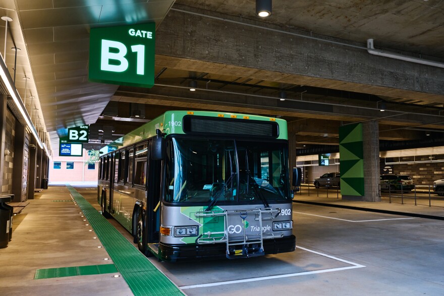 A Go Triangle bus parks at the new Raleigh Union Bus Station Facility (aka “RUS Bus”) on Hargett Street in downtown Raleigh, NC.