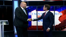 Democratic candidate Lt. Gov. John Fetterman and Republican Pennsylvania Senate candidate Dr. Mehmet Oz shake hands prior to the Nexstar Pennsylvania Senate at WHTM abc27 in Harrisburg, Pa., on Tuesday, October 25, 2022. (Greg Nash / The Hill/Nextstar)