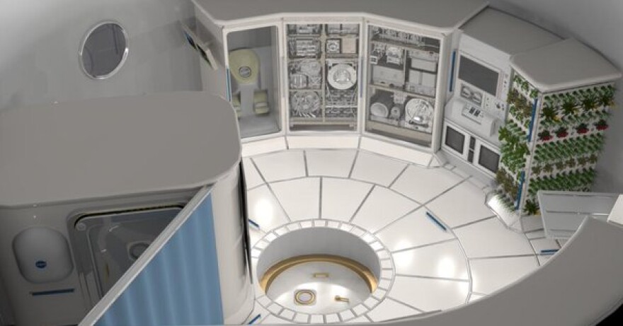 Illustration of the interior of a deep space habitat.