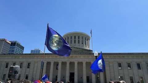 Climate environmentalists rally in May 2026.