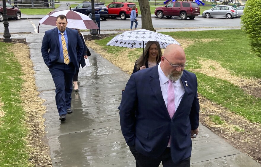 Teddy Daniels, a Republican candidate for Pennsylvania lieutenant governor, enters the Wayne County Courthouse in Honesdale, Pa., on Friday, May 6, 2022, for a hearing on a protection from abuse order.