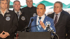 LONG BRANCH, NJ – Monmouth County Commissioner Director Thomas A. Arnone, Congressman Chris Smith (right) and Assemblyman Gerry Scharfenberger (left) spoke about the need for state and federal investigations into the deaths of marine mammals along the New Jersey coastline. Photo by Monmouth County Government.