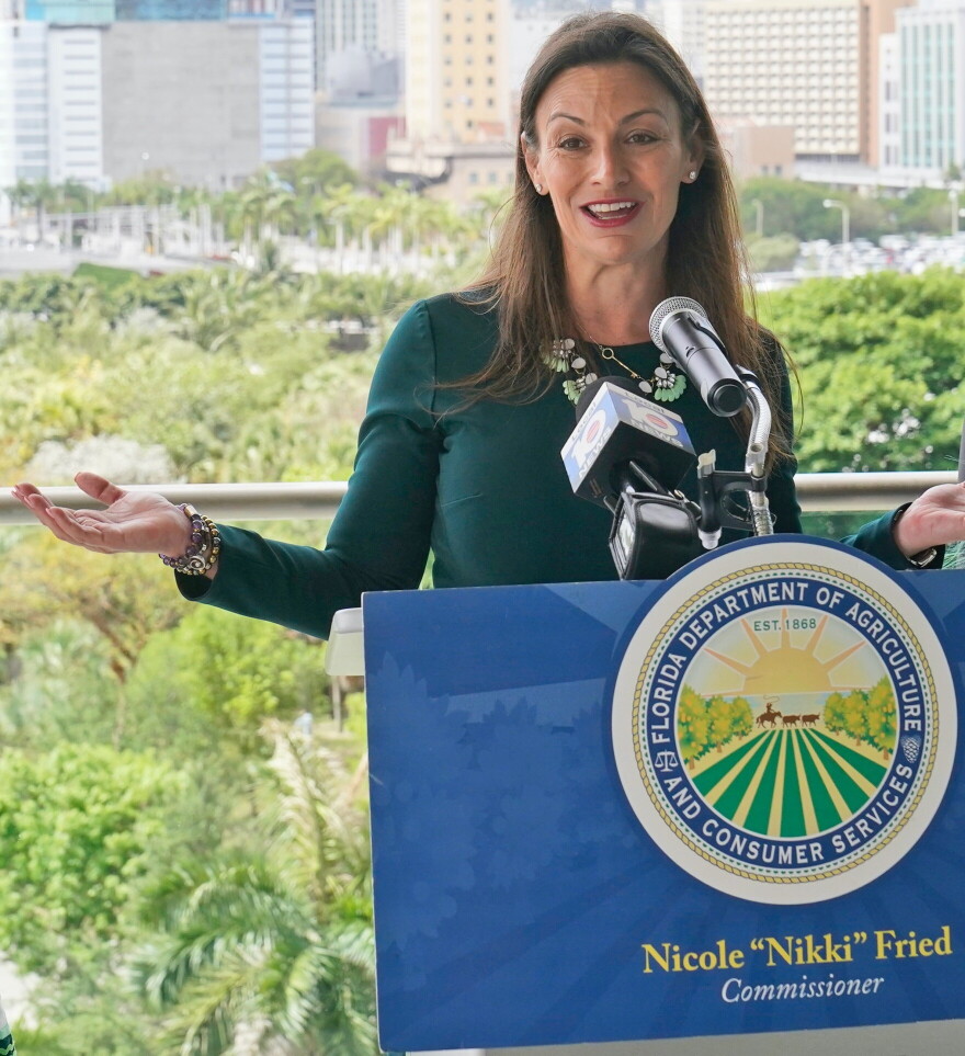 Florida Commissioner of Agriculture and Consumer Services Nikki Fried speaks during a news conference Thursday, April 21, 2022, at the Phillip & Patricia Frost Museum of Science in Miami. 