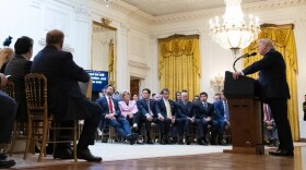 President Donald Trump speaks in the East Room of the White House, Thursday, July 16, 2026, in Washington. (Saul Loeb/Pool via AP)