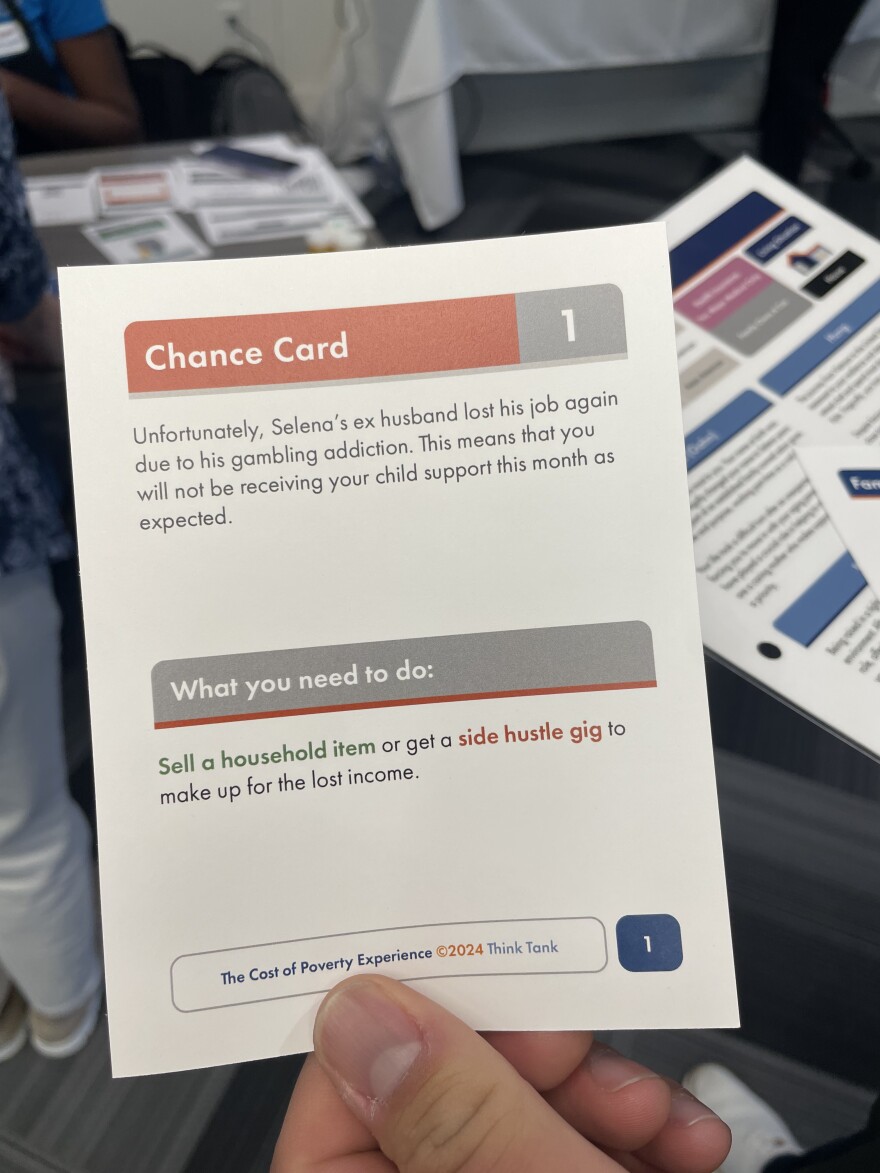 "Chance" cards simulated life experiences that might befall a person struggling to make ends meet.