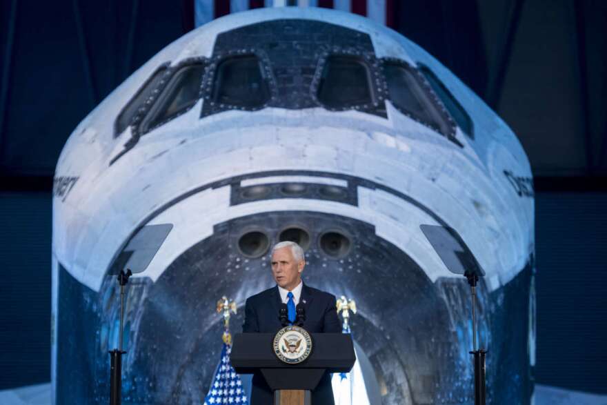 Vice President Mike Pence delivers opening remarks during the National Space Council's first meeting, Thursday, Oct. 5, 2017 at the Smithsonian National Air and Space Museum's Steven F. Udvar-Hazy Center in Chantilly, Va.  Photo Credit: (NASA/Joel Kowsky)