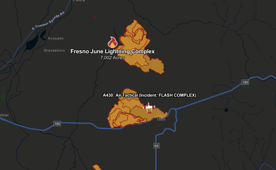 A Cal Fire map shows the area where the Fresno June Lightning Complex Fire is burning.