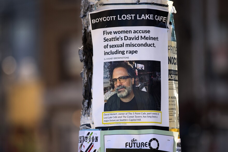 A poster attached to a telephone pole shows KUOW's original story on Tuesday, August 7, 2018, near the intersection of East Olive Way and Summit Avenue East in Seattle.