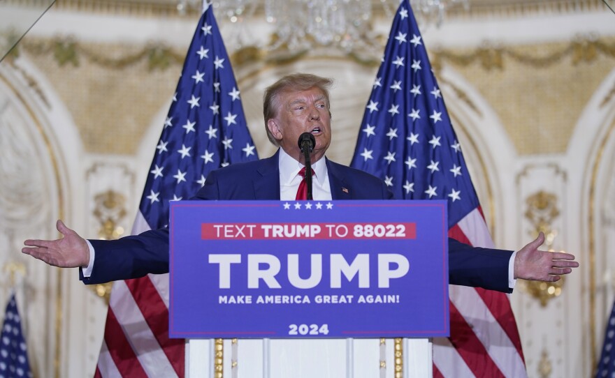 Former President Donald Trump speaks at his Mar-a-Lago estate.