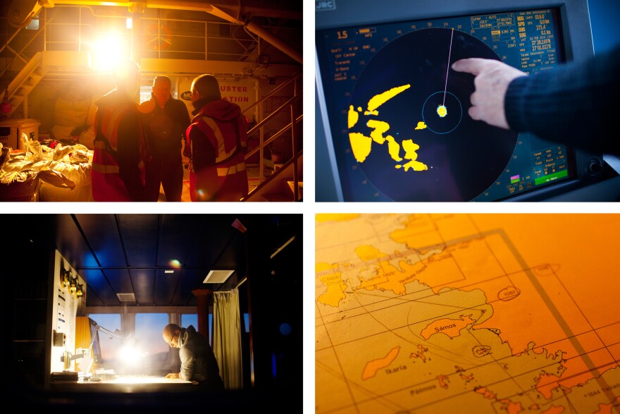 MOAS crew members keep watch as they patrol the waters between Greek islands and Turkey. At some points, the distance between the two countries is less than 8 miles.