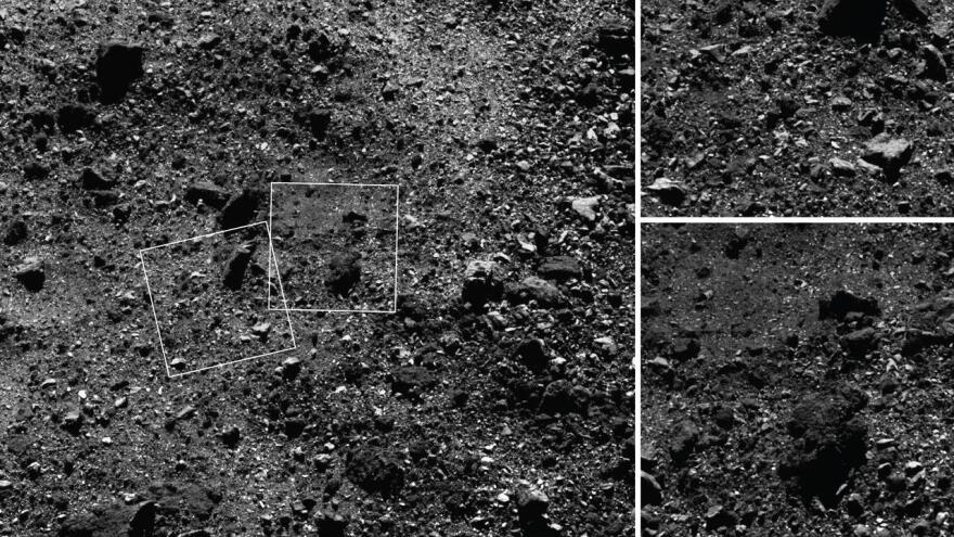 This trio of images acquired by NASA's OSIRIS-REx spacecraft shows a region in Bennu's northern hemisphere. The larger image shows a 590-foot wide area with many rocks, including some large boulders (close-up shown top right), and a "pond" mostly devoid of large rocks (bottom right). The boulder is approximately the size of a humpback whale.