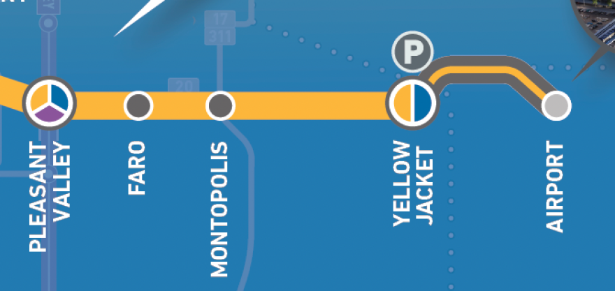 A map showing the Yellow Jacket station with a P next to it.