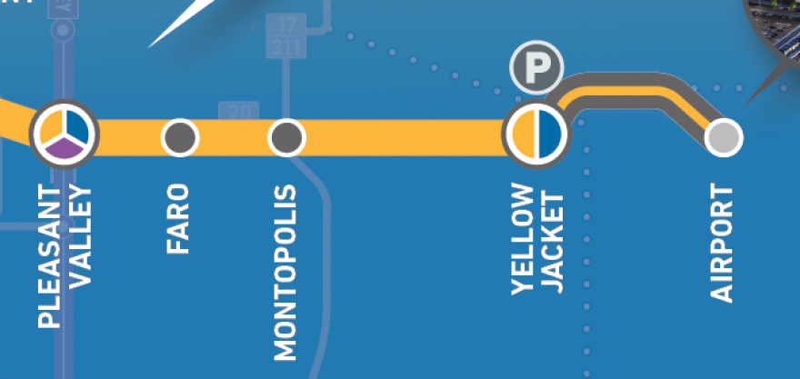  A map showing the Yellow Jacket station with a P next to it. 