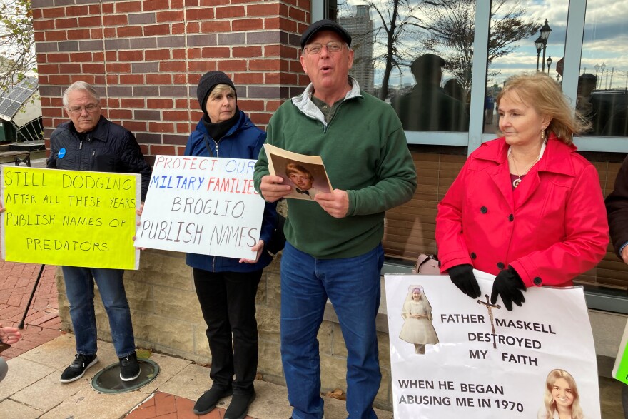 David Lorenz, Maryland director for the Survivors Network of those Abused by Priests, speaks at a sidewalk news conference outside the U.S. Conference of Catholic Bishops gathering in Baltimore on Wednesday, Nov. 16, 2022.