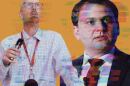 Two men are digitally edited with tv bar effects 