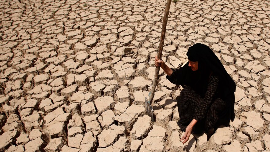 Adilla Finchaan, 50, checks her drought-stricken land in Latifiyah, about 20 miles south of Baghdad, in this photo taken in July 2009. Below-average rainfall and insufficient water in the Euphrates and Tigris rivers — something the Iraqis have blamed on upstream dams in  Turkey and Syria — have left Iraq bone-dry for a second straight year.