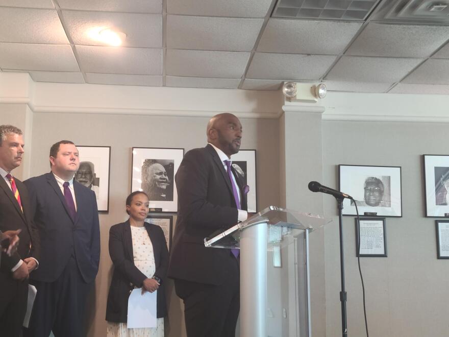 Attorney Damario Solomon-Simmons at a press conference at the Greenwood Cultural Center on July 2, 2024.