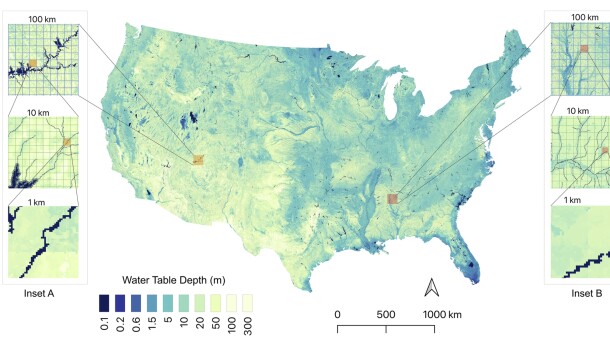 Map of the continental United States showing estimated depth to groundwater, with darker colors indicating shallower water and lighter colors indicating deeper water. Two zoomed-in panels show that groundwater depth can vary widely even within small areas.