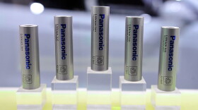 Lithium-ion batteries are displayed  at the Panasonic booth during the 2015 International CES at the Las Vegas Convention Center on January 6, 2015 in Las Vegas, Nevada. (David Becker/Getty Images)