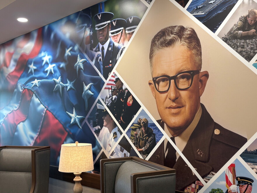 The entrance of Bowling Green's veterans nursing home includes a mural of Col. Robert Spiller and bronze seals representing all branches of the military.