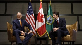 Canada Prime Minister Justin Trudeau, right, and Washington state Gov. Jay Inslee before a meeting Thursday, May 18, 2017, in Seattle. The two were to discuss trade, regional economic development, and climate.