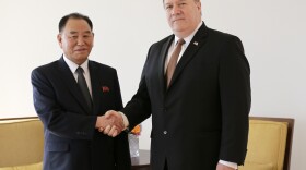 Kim Yong Chol, left, former North Korean military intelligence chief and one of leader Kim Jong Un's closest aides, shakes hands with U.S. Secretary of State Mike Pompeo during a meeting, Thursday, May 31, 2018, in New York.