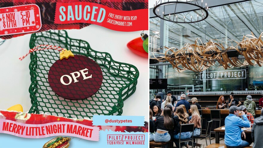 Side-by-side photos of a holiday ornament with the word "ope" and a large tap room with people sitting at tables drinking beer.