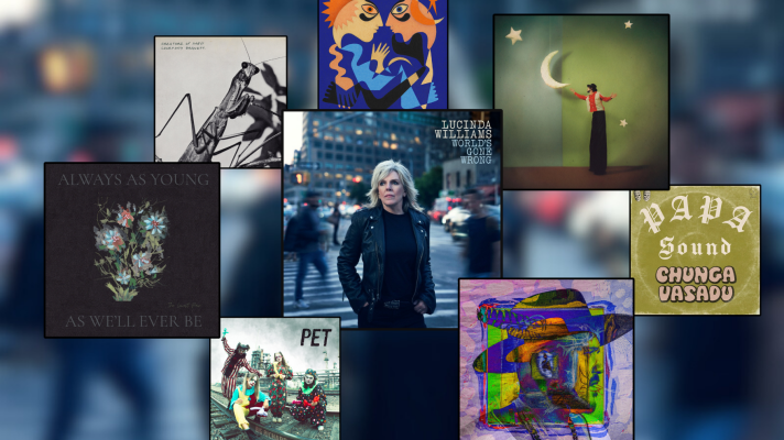 A collage of artwork for 8 album and single releases over a blurred background. There is a black and white image of a grasshopper, an artistic drawing of two faces pointed at each other, a man on stilts pointing to a moon, a pea green image with what looks like a blurred vinyl in the middle, an artistic drawing based on a photograph of a man's profile, a woman pictured in the middle of the image in a leather jacket, four women dressed as clowns, and a drawing of a bouquet of flowers.