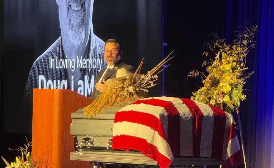 Chief of staff Mark Spannagel speaking at Doug LaMalfa's memorial service at the Silver Dollar Fairgrounds, Chico on Jan. 24, 2026.