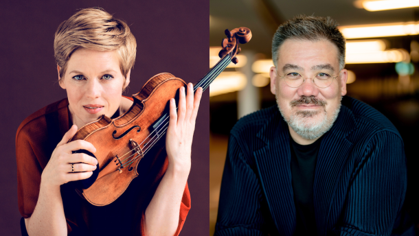 Isabelle Faust has short blonde hair and hazel eyes. She holds her violin up close to her face and smizes at the camera. Alan Gilbert wears a blue pinstripe blazer, a black shirt, and round glasses. He has salt and pepper hair and a beard. He smiles softly at the camera.