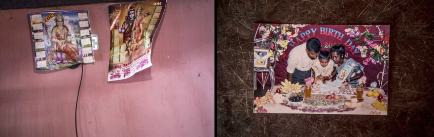 Left: Old calendars rustle in the household of Sudarshini. Right: Sudarshini and her husband, Seliyyah, celebrate the fifth birthday of their son, Selva, shortly before Seliyyah disappeared.