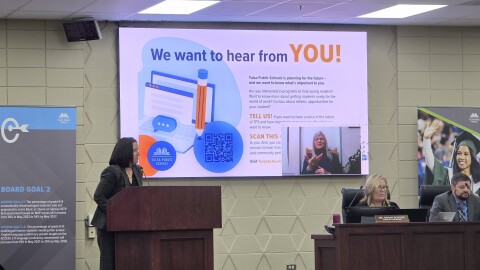 Emily Hall (left), senior advisor to Tulsa's mayor, speaks to the Tulsa Public Schools Board of Education about a draft 2026 bond package on Monday, November 18, 2025.