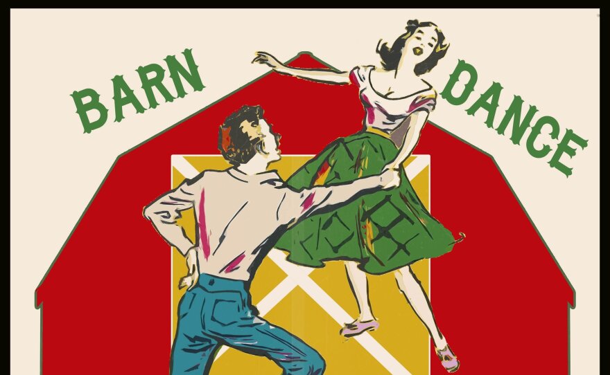 A quaint poster featuring a man and woman dancing in front of a red barn.